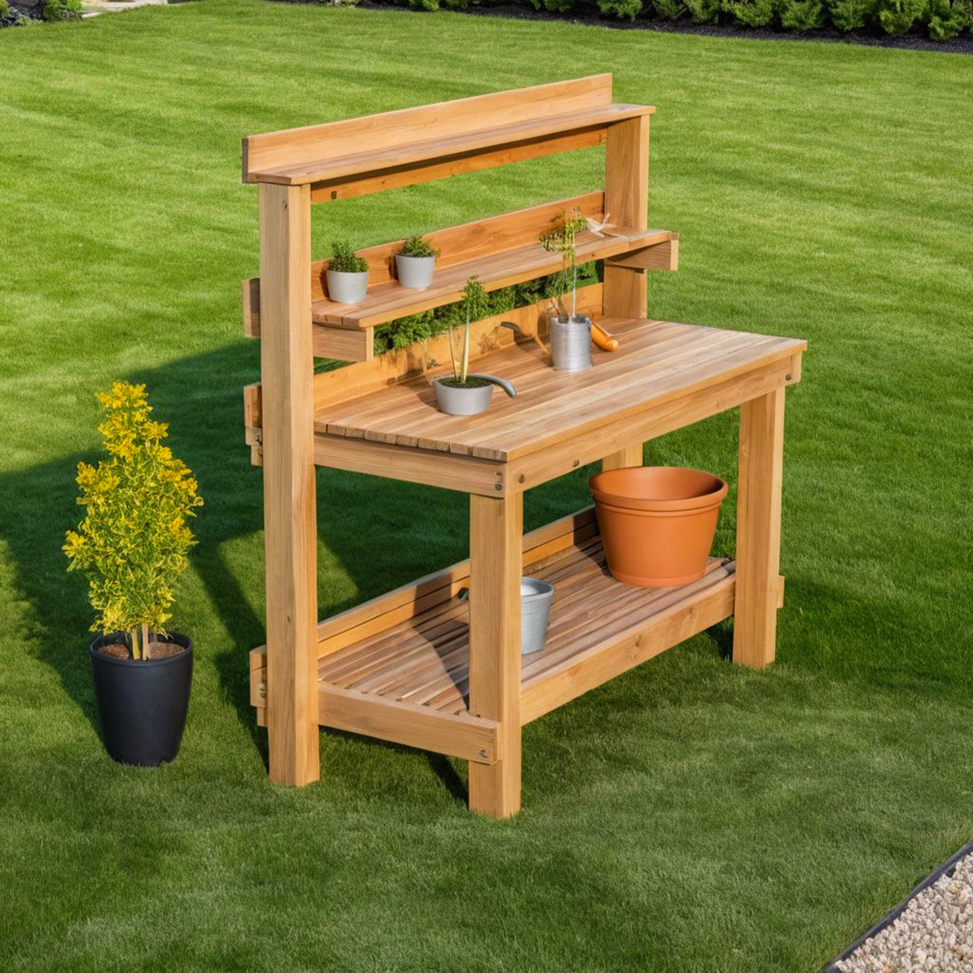 Potting bench woodworking plan with shelves – DIY garden project