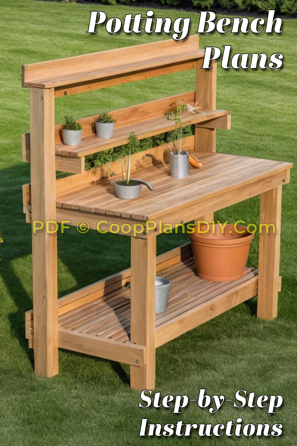 Easy DIY Potting Bench Plans with step-by-step PDF instructions and material list.