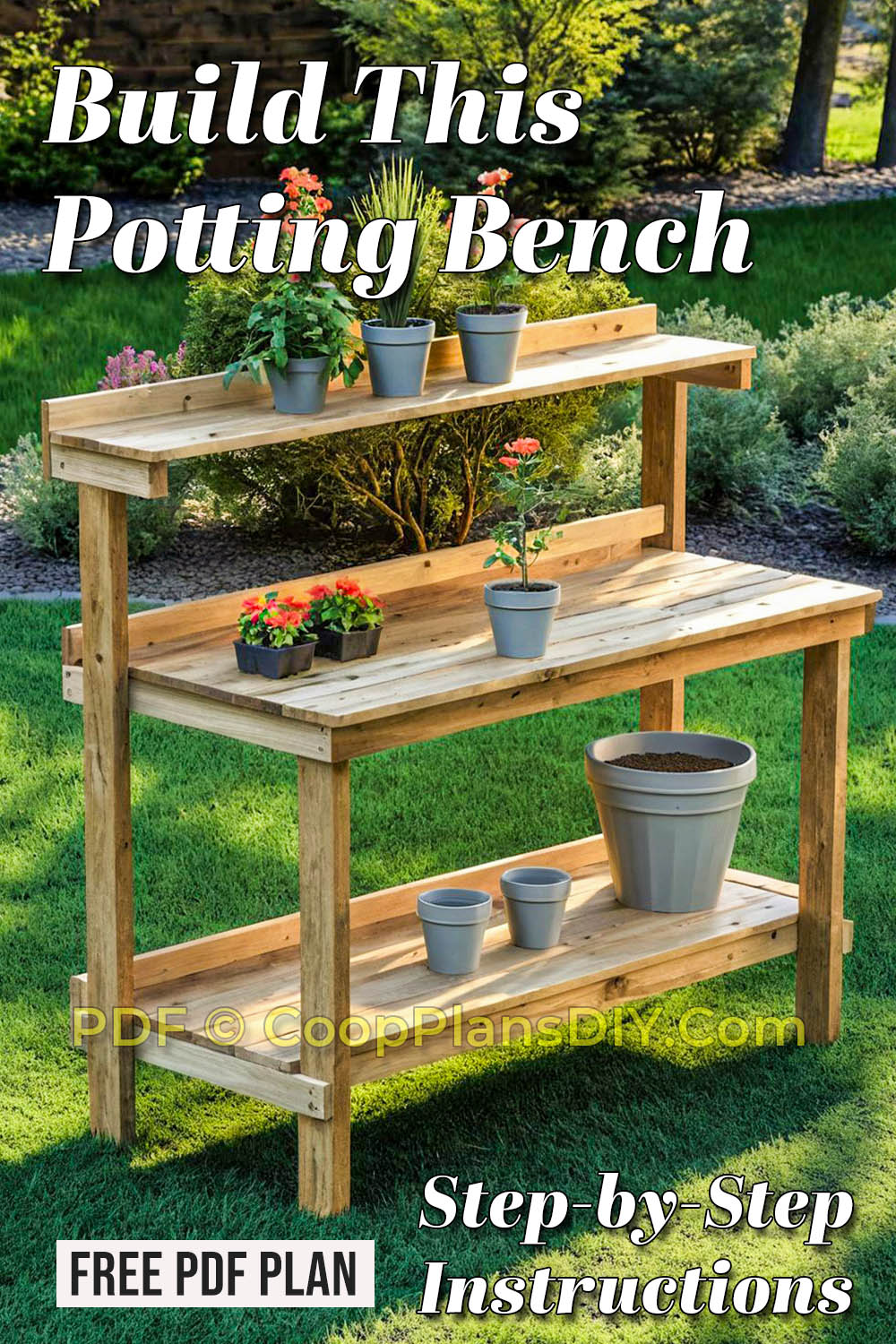 Free DIY Potting Bench Plan with step-by-step PDF instructions and material list.